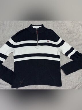 Tommy Hilfiger Black & White Striped Quarter-Zip Turtleneck Sweater